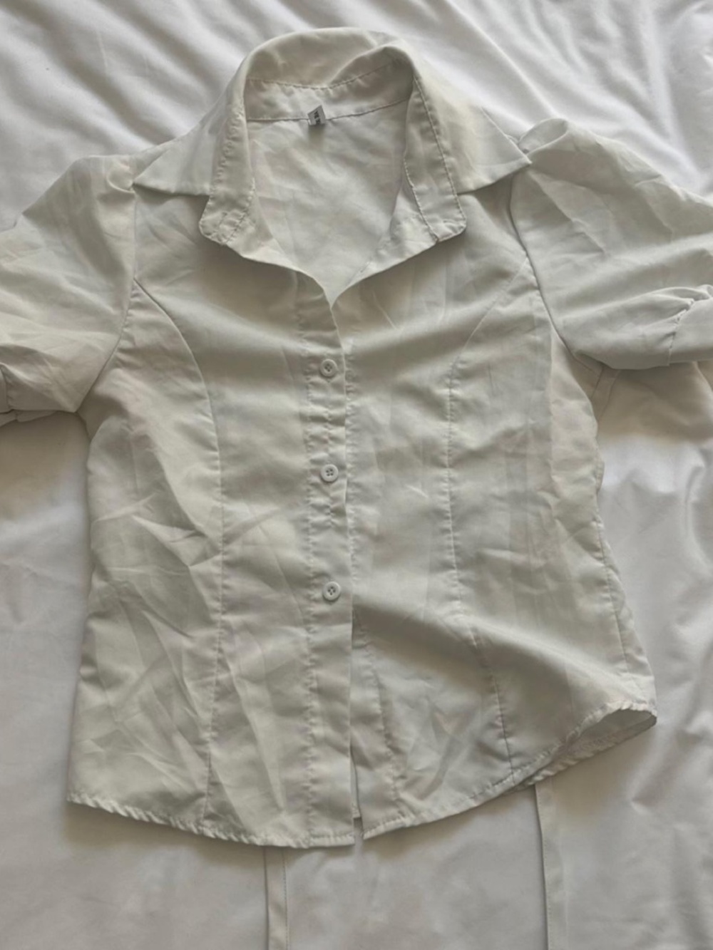 Oui You Me White Fitted Puff Sleeve Button-Up Blouse
